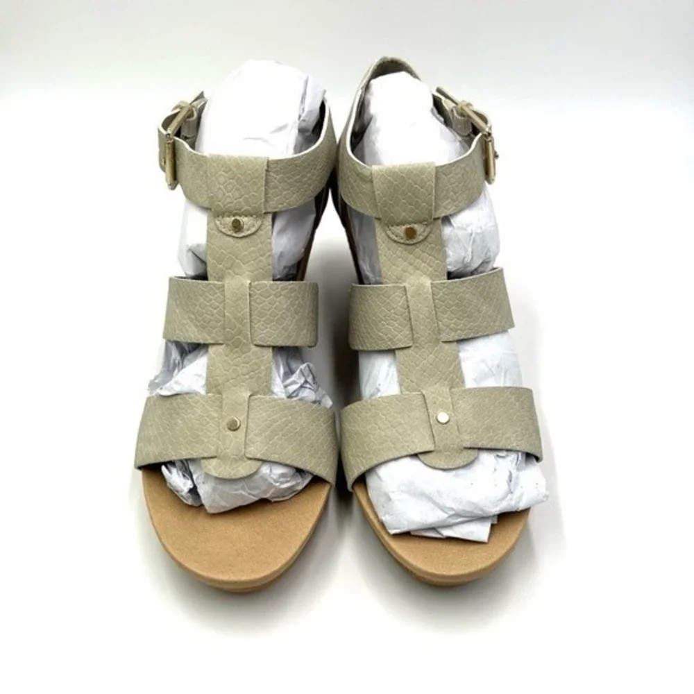 NEW Dr Scholls Womens Size 7.5 Light Gray Cream Snakeskin‎ Wedges Sandals Shoes